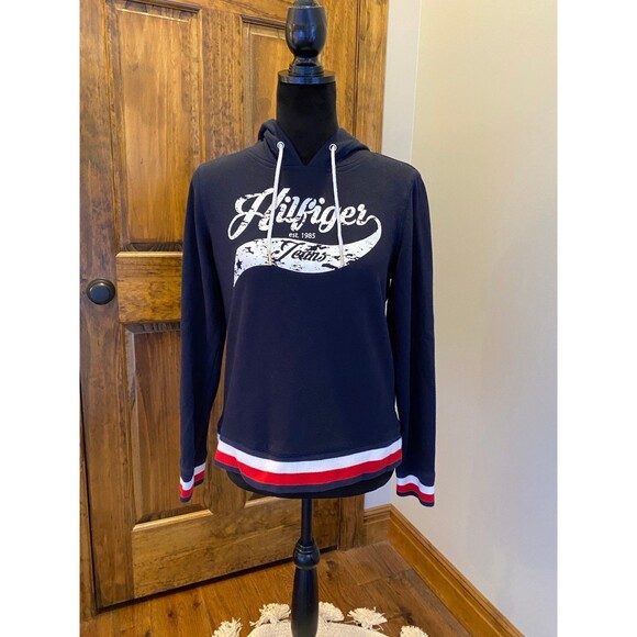 Tommy Hilfiger Navy Womans Hoodie Size Small Petite w/Red & White Trim Soft - Picture 8 of 10